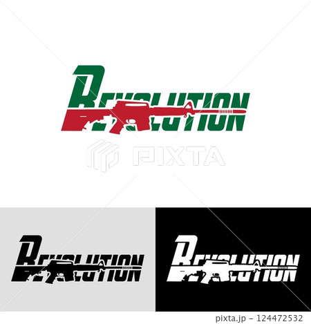 A logo design featuring the word "Revolution" with an assault rifle graphic. This is a logo design featuring the word "Revolution" with an assault rifle silhouette incorporated into the letters. 124472532