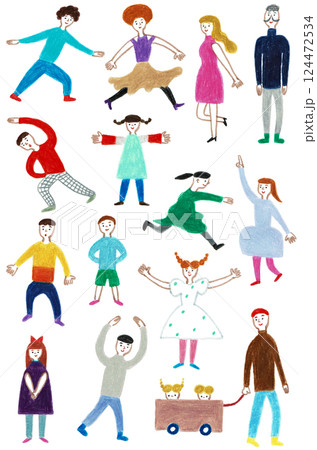 手描きイラスト　いろいろな動作をする人々のセット 124472534