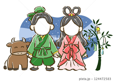 笹と天の川をバックに立つ織姫と彦星の顔ハメ素材 124472583