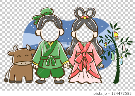 織姬和彥星的臉部插入圖，背景為竹草和銀河 124472583