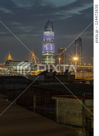 Stunning view of KingBridge tower alongside the iconic landmark of Bhumibol Bridge and Skyscrapers. Stunning view of KingBridge tower alongside the iconic landmark of Bhumibol Bridge and Skyscrapers. 124472638