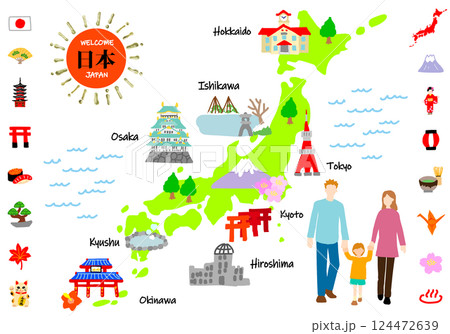 日本の観光地と家族のフラットイラストマップ 124472639