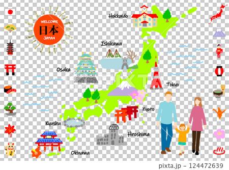 Flat illustration map of japan tourist destinations and family Flat illustration map of japan tourist destinations and family 124472639