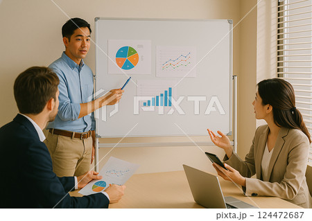ホワイトボードでグラフを使って説明する男性社員と話し合うビジネスチームの様子 124472687