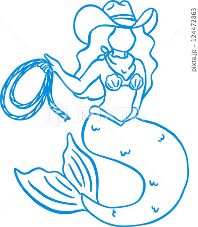 Coastal Cowgirl Mermaid with Surfboard Outline Playful Hand Draw 124472863