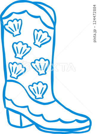 Coastal Cowgirl Cowboy Boot Sea shell Outline Playful Hand Draw 124472884