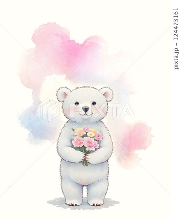 メッセージカード 花束を持って見つめているクマさんのイラスト 124473161