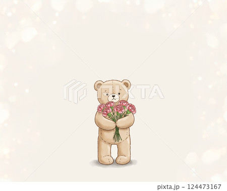 カーネーションの花束を持ったテディベア 母の日 感謝 グリーティング 124473167
