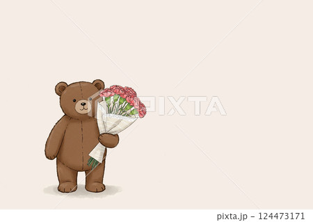 カーネーションの花束を持ったテディベア 母の日 感謝 グリーティング 124473171