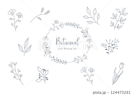 シンプルなリーフの線画イラストセット 紺 124473281