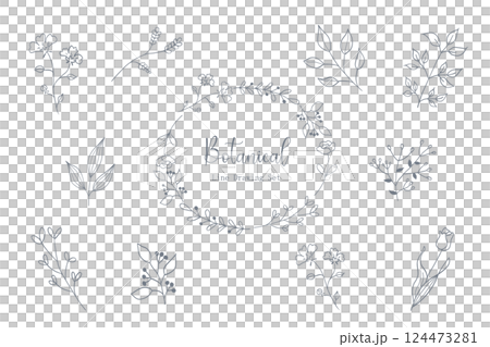 Simple leaf line drawing illustration set navy blue 124473281