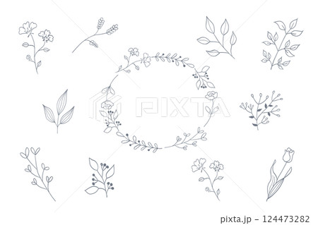 シンプルなリーフの線画イラストセット 紺 124473282