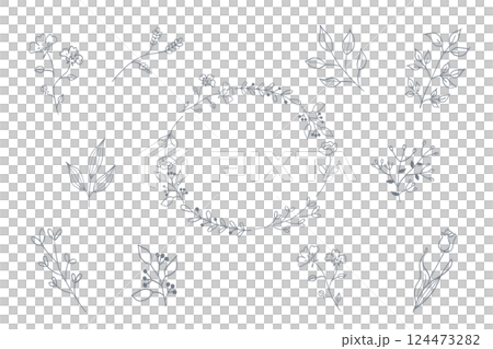 シンプルなリーフの線画イラストセット 紺 124473282