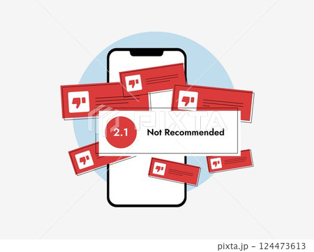 Review bombing concept with online reviews manipulation, negative ratings and mass feedback attacks affecting business reputation and consumer trust. Review bombing vector illustration and icons 124473613