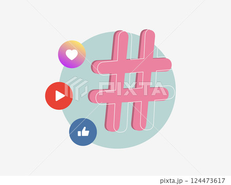 Hashtag marketing for social media promotion, engagement and audience growth. Boost visibility, campaign success and digital presence. Hashtag marketing vector illustration and icons 124473617