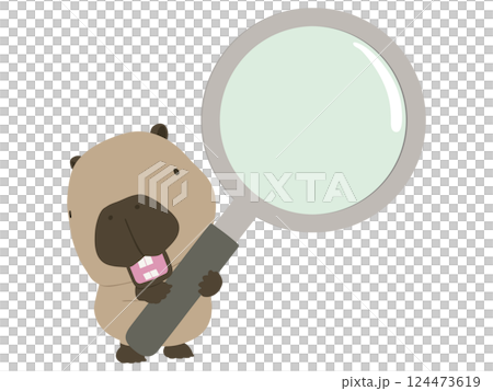 Smiling capybara holding a magnifying glass Smiling capybara holding a magnifying glass 124473619