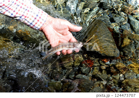 丹沢の早戸川でルアー釣りをする男性 124473707