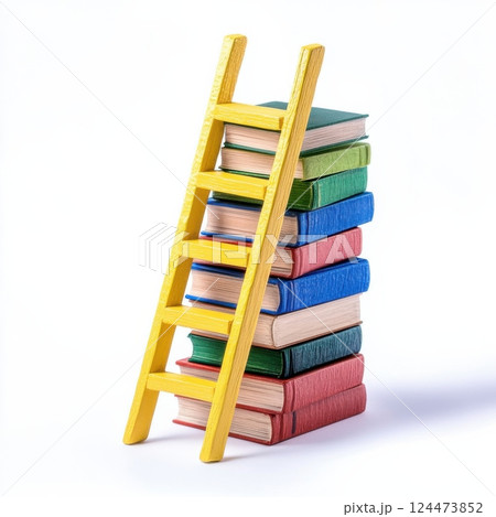 Colorful Stacked Books with Little Yellow Ladder Isolated on White 124473852