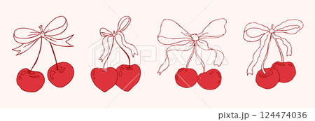 Cherry with bow coquette girly fruit, tie ribbon sketchy doodle drawing, y2k retro aesthetic. Whimsical cute cherry. Cherry with bow coquette girly fruit, tie ribbon sketchy doodle drawing, y2k retro aesthetic. Whimsical cute cherry. 124474036