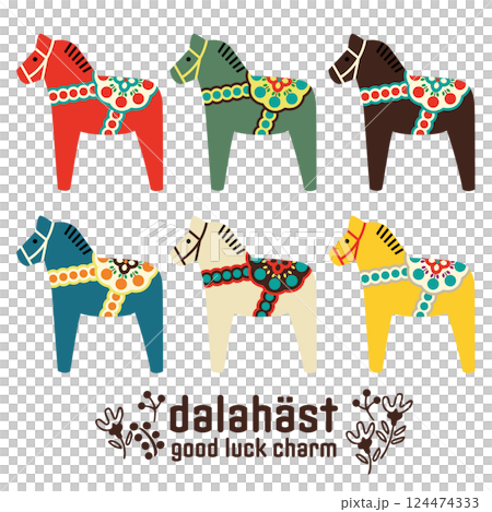 色彩繽紛可愛的 Dalahäst（達拉馬）向量插圖集 124474333