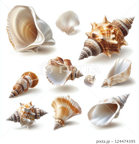 Collection of Isolated Seashells on White Background for Art Use 124474395
