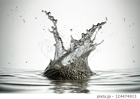 Water splash with beautiful drops flying away. Liquid motion background. Generated AI. 124474913