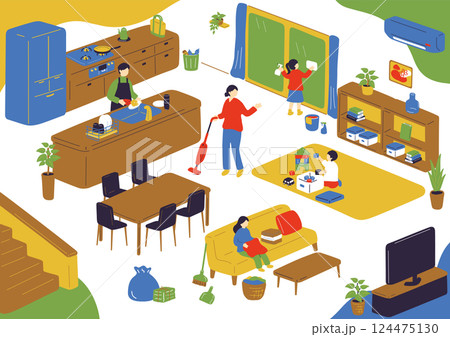 部屋の掃除をする人達 124475130