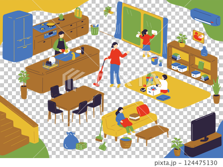 部屋の掃除をする人達 124475130