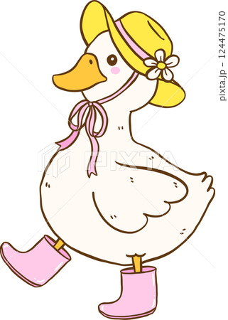 Cute White Duck Springtime Aesthetic Cartoon Doodle Hand Draw 124475170