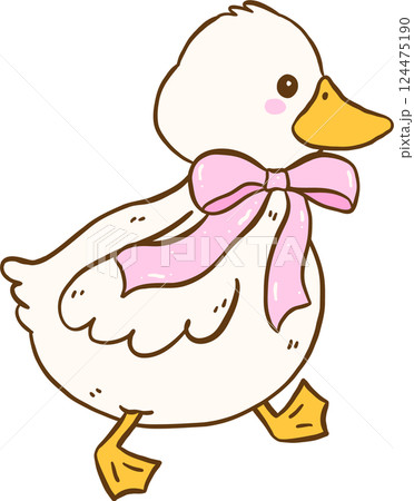Cute White Duck with Pink Bow Walking Springtime Aesthetic Cartoon Doodle Hand Draw Cute White Duck with Pink Bow Walking Springtime Aesthetic Cartoon Doodle Hand Draw 124475190