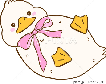 Cute White Duck with Pink Bow Rolling Springtime Aesthetic Cartoon Doodle Hand Draw 124475191