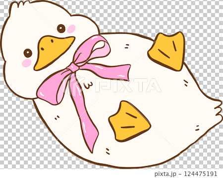Cute White Duck with Pink Bow Rolling Springtime Aesthetic Cartoon Doodle Hand Draw 124475191