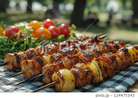 屋外で焼かれたジューシーな串焼き 124475343