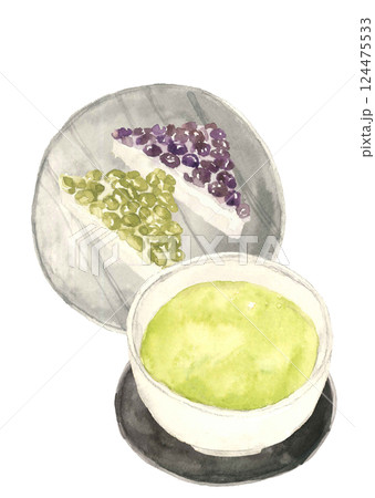 水彩で描いた和菓子の水無月とお茶のイラスト【手描き】白バック 透過背景 124475533