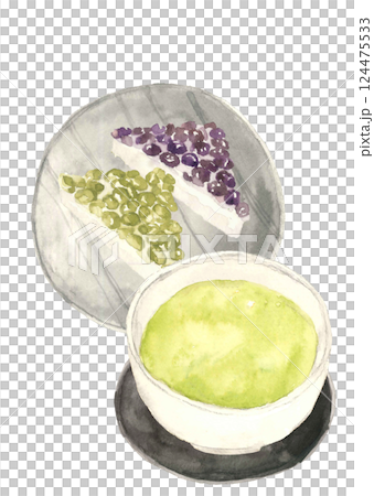 水彩で描いた和菓子の水無月とお茶のイラスト【手描き】白バック 透過背景 124475533