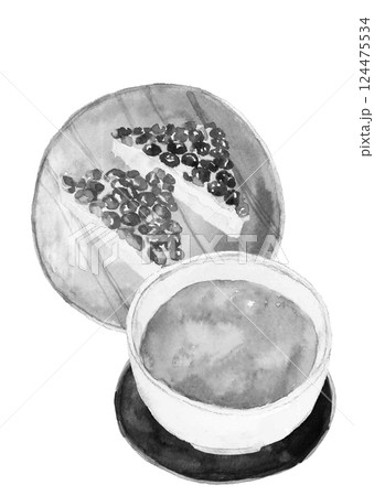 水墨画風水彩で描いた和菓子の水無月とお茶のモノトーンイラスト【手描き】白バック 透過背景 124475534