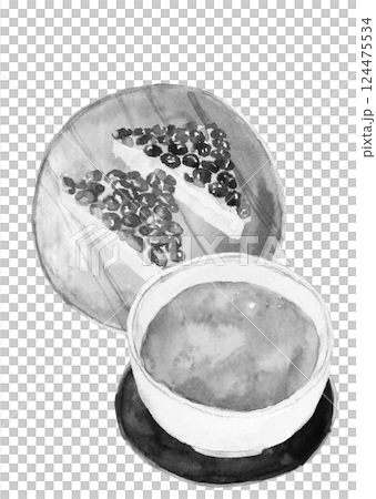 水墨画風水彩で描いた和菓子の水無月とお茶のモノトーンイラスト【手描き】白バック 透過背景 124475534