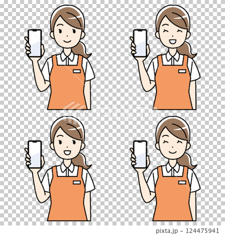 笑顔でスマホを見せるエプロン姿の女性のイラスト 124475941
