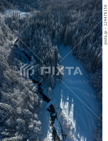 Drone image with snowy forest and mountain river in the Bavarian Alps Drone image with snowy forest and mountain river in the Bavarian Alps 124476159