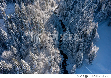 River flowing in the deep snow forest, aerial view in the Bavarian Alps, Germany River flowing in the deep snow forest, aerial view in the Bavarian Alps, Germany 124476177