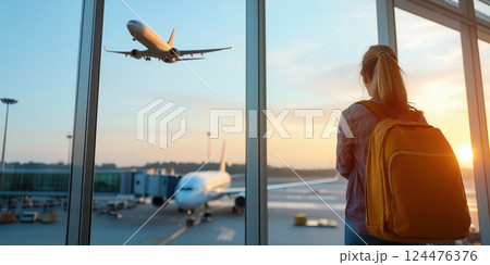 traveler with yellow backpack watches planes at airport during sunset, evoking wanderlust 124476376