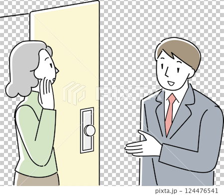 穿著西裝的老年婦女和男子在前門交談 穿著西裝的老年婦女和男子在前門交談 124476541