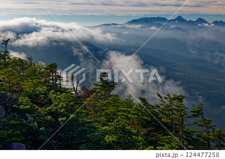 蓼科山への登りから見る雲掛かる北横岳と八ヶ岳連峰主峰群 蓼科山への登りから見る雲掛かる北横岳と八ヶ岳連峰主峰群 124477258