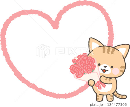 カーネーションの花束を持つネコとハートの吹き出し カーネーションの花束を持つネコとハートの吹き出し 124477306