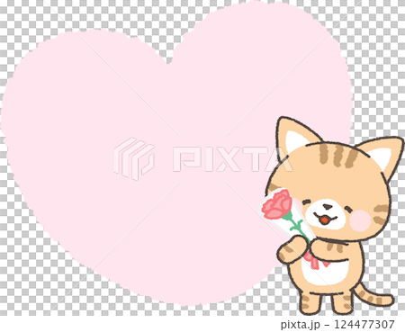 A cat holding a bouquet of carnations and a heart-shaped speech bubble 124477307