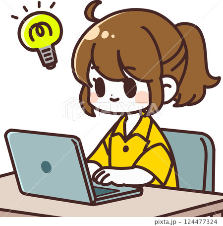 ノートパソコンで作業をしながら閃いた女性　主線あり 124477324