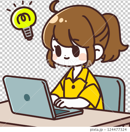 ノートパソコンで作業をしながら閃いた女性　主線あり 124477324