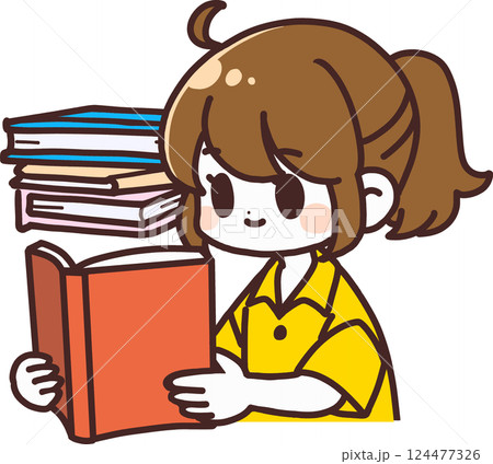 本を読むポニーテールの女性　主線あり 124477326