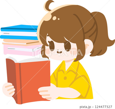 本を読むポニーテールの女性　主線なし 124477327