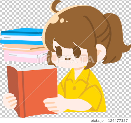 本を読むポニーテールの女性　主線なし 124477327